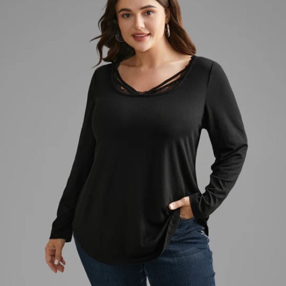 NWT BloomChic Black Plain Lace Patchwork Crisscross Long Sleeve Top, 1X